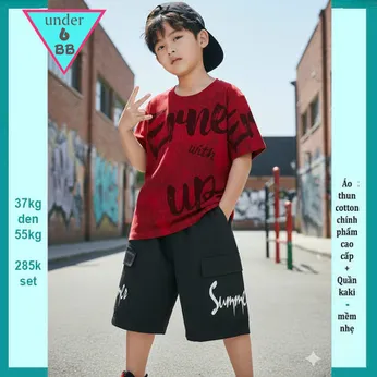 Set bộ kaki bé trai ( Áo thun cotton + Quần Kaki ) in chữ phối màu loang phong cách hiphop cho bé đi chơi , du lịch