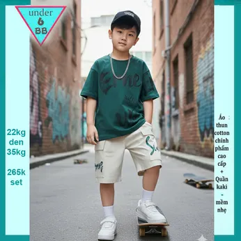 Set bộ kaki bé trai ( Áo thun cotton + Quần Kaki ) in chữ phối màu loang phong cách hiphop cho bé đi chơi , du lịch