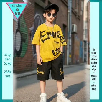 Set bộ kaki bé trai ( Áo thun cotton + Quần Kaki ) in chữ phối màu loang phong cách hiphop cho bé đi chơi , du lịch