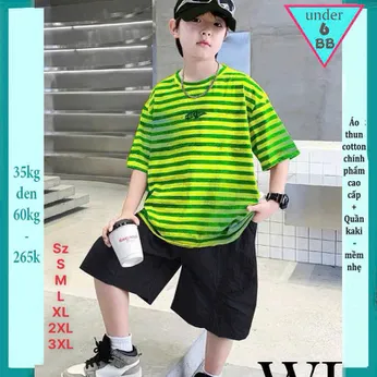 Set bộ kaki bé trai ( Áo thun cotton + Quần Kaki ) in chữ phối sọc ngang phong cách cá tính cho bé đi chơi , đi du lịch