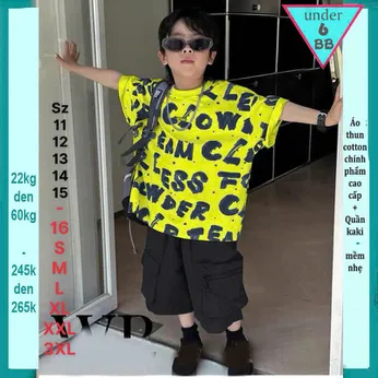 Set bộ kaki bé trai ( Áo thun cotton + Quần Kaki ) in full chữ - Xanh lá 018