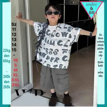 Set bộ kaki bé trai ( Áo thun cotton + Quần Kaki ) in full chữ - Xám 018