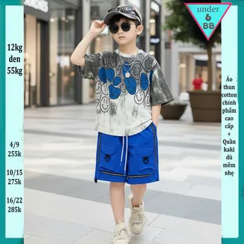 Set bộ kaki bé trai ( Áo thun cotton + Quần vải dù ) in hình mặt cười phối màu loang phong cách cực cá tính siêu ngầu cho bé đi chơi , đi du lịch