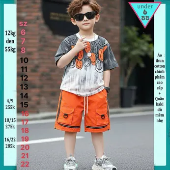 Set bộ kaki bé trai ( Áo thun cotton + Quần vải dù ) in hình mặt cười phối màu loang phong cách cực cá tính siêu ngầu cho bé đi chơi , đi du lịch