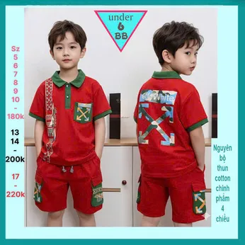 Set đồ bộ bé trai cổ trụ tay ngắn in chữ phong cách cá tính cho bé đi chơi , đi học