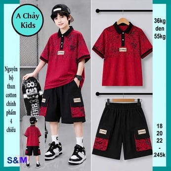 Set đồ bộ bé trai có cổ in chữ phong cách hàn quốc cực sang cho bé diện phố, du lịch