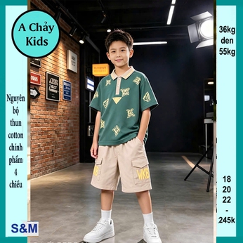 Set đồ bộ bé trai có cổ in chữ WK phong cách hàn quốc cực sang cho bé diện phố, du lịch