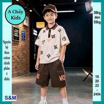 Set đồ bộ bé trai có cổ in chữ WK phong cách hàn quốc cực sang cho bé diện phố, du lịch