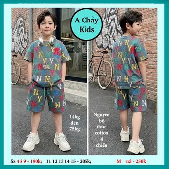 Set đồ bộ bé trai tay ngắn thêu chữ phong cách cá tính cho bé đi , chơi học