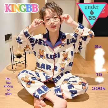 Đồ bộ tay dài quần dài pijama phi lụa in họa tiết hình Chú Gấu siêu đáng yêu cho bé đi  ngủ