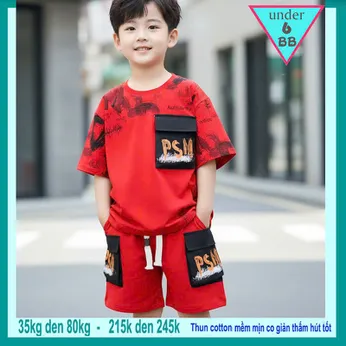 Đồ bộ bé trai cotton tay ngắn in chữ phối túi áo phong cách cá tính cho bé diện đi chơi , đi học