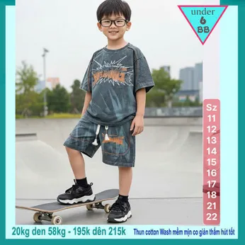 Đồ bộ bé trai cotton tay ngắn ( Vải wash ) in chữ dập nổi phong cách cá tính siêu ngầu cho bé diện đi chơi , du lịch