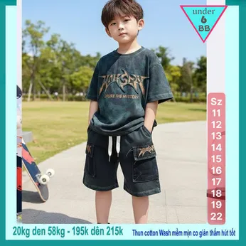 Đồ bộ bé trai cotton tay ngắn ( Vải wash ) in chữ dập nổi phong cách cá tính siêu ngầu cho bé diện đi chơi , du lịch