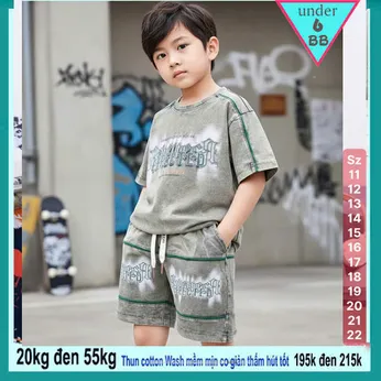 Đồ bộ bé trai cotton tay ngắn ( Vải wash ) in chữ mang phong cách thời trang cá tính cho bé đi chơi , đi học