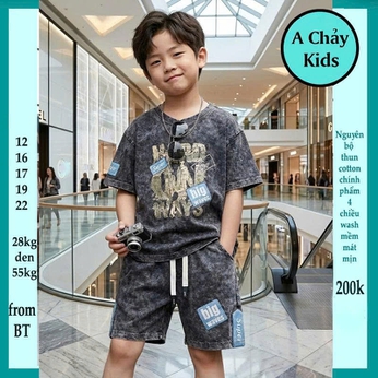 Đồ bộ bé trai cotton tay ngắn ( vải wash ) in chữ phong cách cá tính cho bé đi chơi , đi học