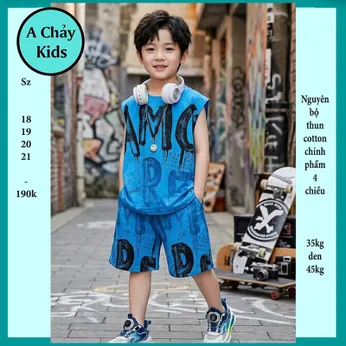 Đồ bộ bé trai sát nách cotton in chữ loang phong cách cá tính cho bé đi chơi, đi học