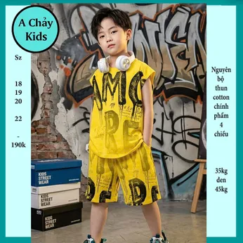 Đồ bộ bé trai sát nách cotton in chữ loang phong cách cá tính cho bé đi chơi, đi học