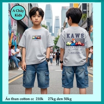 Áo thun bé trai cotton in chữ KWAS phong cách cá tính cho bé đi chơi , đi học