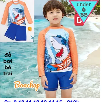 Đồ bơi trẻ em dài tay in 3D hình cá mập siêu đáng yêu cho bé trai đi tắm biển , đi bơi ( đồ bơi rời )