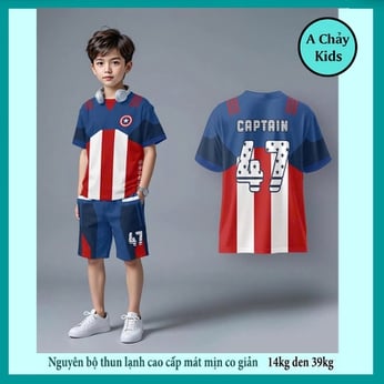 Đồ bộ bé trai thun lạnh in hình Caaptain phối phong cách thể thao cho bé diện đi chơi , đi học