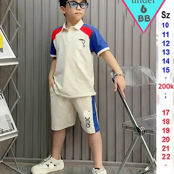 Set đồ bộ bé trai cổ trụ thêu họa tiết chữ phong cách cá tính cho bé đi chơi , đi học