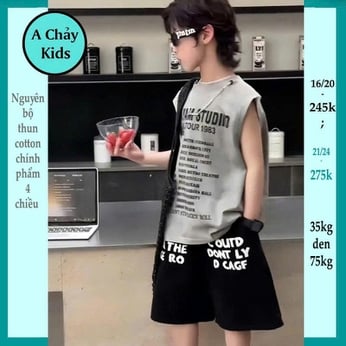 Đồ bộ bé trai sát nách cotton in chữ phong cách hiphop hàn quốc cho bé diện đi chơi  , đi học