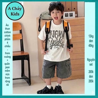 Set bộ jean bé trai (Áo thun cotton + Quần jean cotton ) in chữ mang phong cách hàn quốc cá tính cho bé đi chơi , du lịch