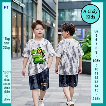 Set đồ bộ bé trai hoạt hình in Khủng Long siêu cưng phối màu loang phong cách cá tính , vừa đáng yêu cho bé diện phố
