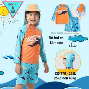 Đồ bơi bé trai tay dài in họa tiết cá mập cho bé đi biển , đi bơi