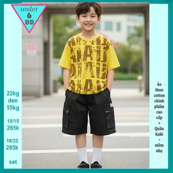 Quần áo bé trai ( Áo thun cotton + Quần Kaki ) in chữ phong cách cực ngầu cho bé đi chơi , đi du lịch
