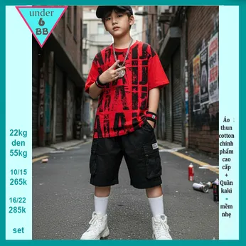 Quần áo bé trai ( Áo thun cotton + Quần Kaki ) in chữ phong cách cực ngầu cho bé đi chơi , đi du lịch