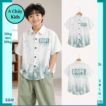 Áo sơ mi bé trai tay ngắn in chữ DOPE phối màu cá tính cho bé đi chơi , đi tiệc