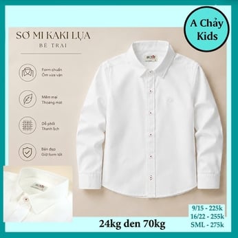 Áo sơ mi bé trai tay dài màu trắng trơn sang trọng cho bé đi chơi , đi tiệc