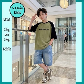 Áo thun bé trai in chữ MANPISARONE tay phối màu cá tính cho bé đi chơi , đi học