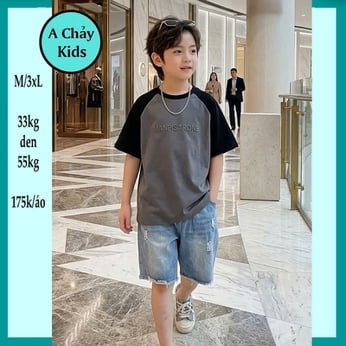 Áo thun bé trai in chữ MANPISARONE tay phối màu cá tính cho bé đi chơi , đi học