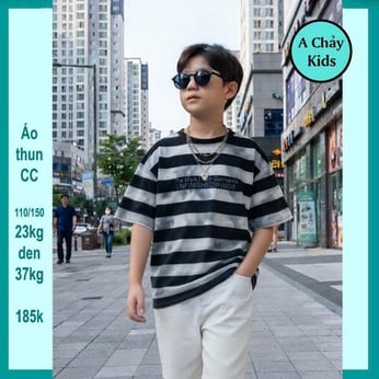 Áo thun bé trai in chữ phối sọc ngang phong cách cá tính cho bé đi chơi , đi du lịch