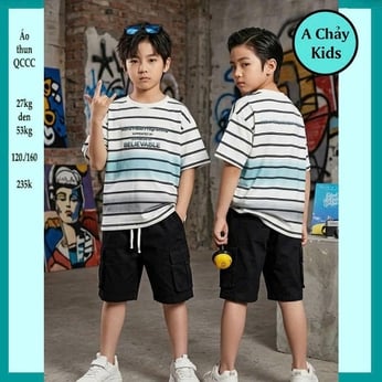 Áo thun bé trai in chữ phối sọc phong cách hàn quốc cá tính cho bé đi chơi , du lịch