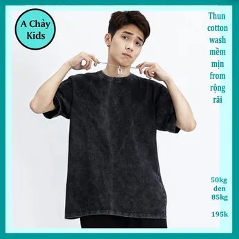 Áo thun bé trai ( vải wash ) đen trơn đơn giản dành cho tuổi teen đi chơi , du lịch