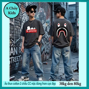 Áo thun cotton bé trai in hình Cá Mập phong cách thời trang cực ngầu cho bé đi du lịch , đi chơi 