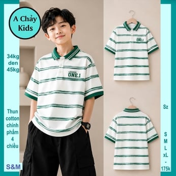 Áo polo bé trai in chữ ONE 1 phối sọc phong cách cá tính cho bé đi chơi , đi tiệc