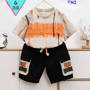 Đồ bộ bé trai cotton tay ngắnin họa tiết chữ nổi phối quần túi hộp phong cách hiphop cho bé đi chơi , đi học