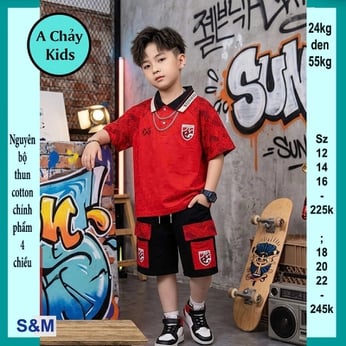Set đồ bộ bé trai có cổ in chữ phối màu loang phong cách cá tính cho bé đi chơi , du lịch
