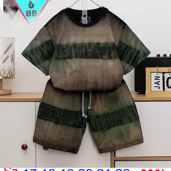 Đồ bộ bé trai cotton tay ngắn in chữ nổi phối màu loang  phong cách cá tính cho bé đi chơi , đi học 