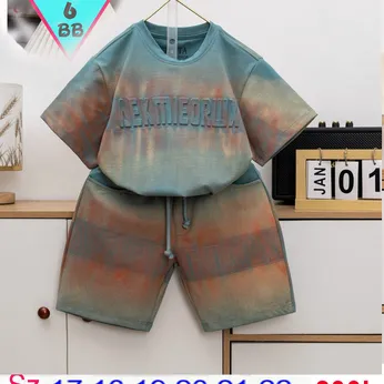 Đồ bộ bé trai cotton tay ngắn in chữ nổi phối màu loang  phong cách cá tính cho bé đi chơi , đi học 