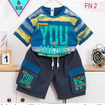 Đồ bộ bé trai cotton tay ngắn in họa tiết chữ YOU phối quần túi hộp cá tính cho bé đi chơi , đi học 