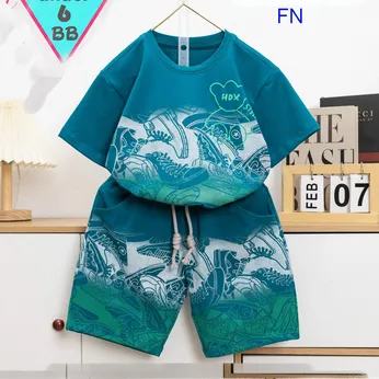 Đồ bộ bé trai cotton tay ngắn in Chú Gấu màu loang phối quần túi hộp phong cách cá tính cho bé trai đi chơi , đi học