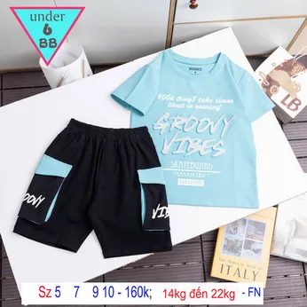 Đồ bộ bé trai cotton tay ngắn in họa tiết chữ  phối quần túi hộp phong cách cá tính cho bé trai đi chơi,đi học