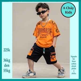Đồ bộ bé trai cotton tay ngắn in chữ phong cách hiphop cá tính cho bé diện đi chơi , đi học