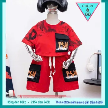 Đồ bộ bé trai cotton tay ngắn in chữ phối túi áo phong cách cá tính cho bé diện đi chơi , đi học
