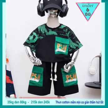 Đồ bộ bé trai cotton tay ngắn in chữ phối túi áo phong cách cá tính cho bé diện đi chơi , đi học